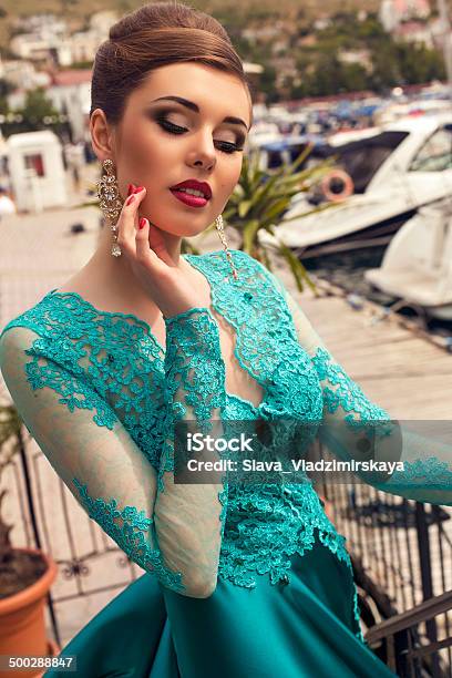 Beautiful Woman With Elegant Hairstyle In Luxurious Silk Dress Stock Photo - Download Image Now