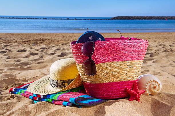 istock strwa bag with sunbathing accessories on sandy beach 500290513