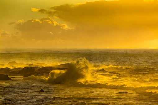 Golden Hour at sunset over the Atlantic Ocean in Essaouira, Morocco.