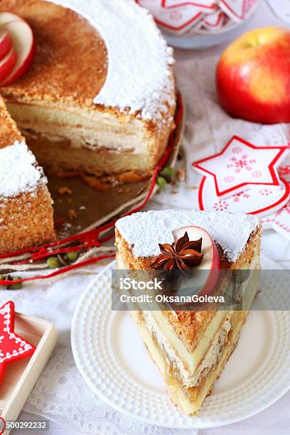 Piece Of Christmas Homemade Apple Cake With Cinnamon Stock Photo - Download Image Now