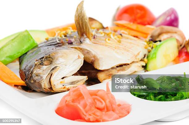 Fried Wish With Grilled Vegetables And Sauces Stock Photo - Download Image Now - Asian Food, Crockery, Cut Out