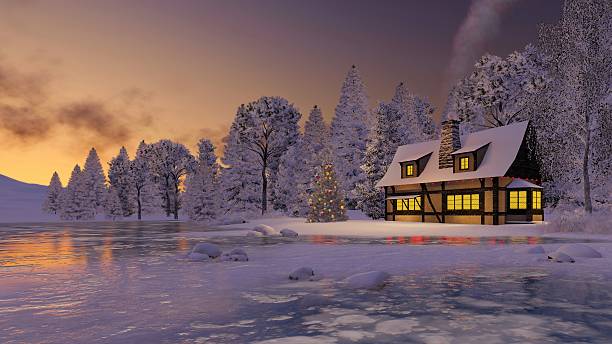 istock Illuminated rustic house and christmas tree at sunset 500296028