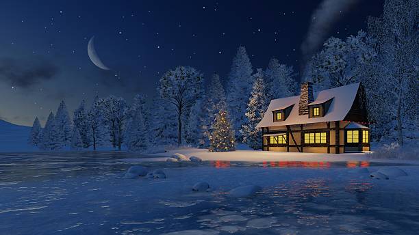 istock Illuminated house and christmas tree at moonlight night 500296156