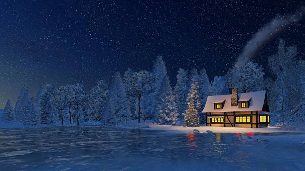 istock Rustic house and christmas tree at snowfall night 500296222