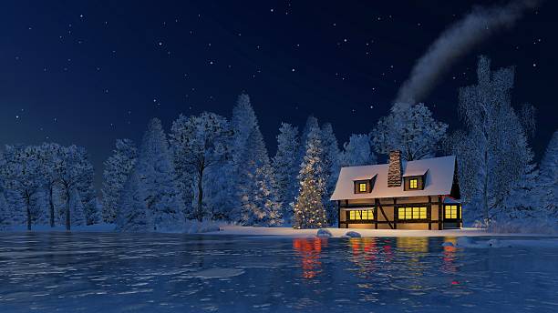 istock Illuminated rustic house and christmas tree at night 500296278