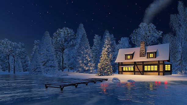 istock Illuminated christmas tree and rustic house at night 500296408