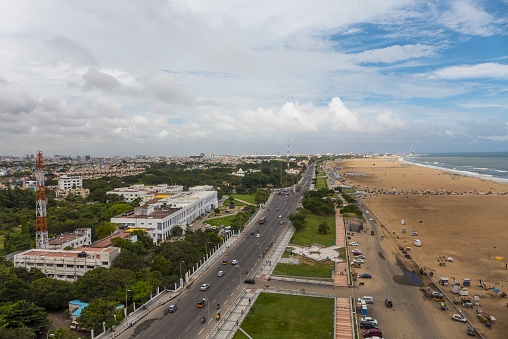 Chennai Aerial View with Marina Beach on the right.