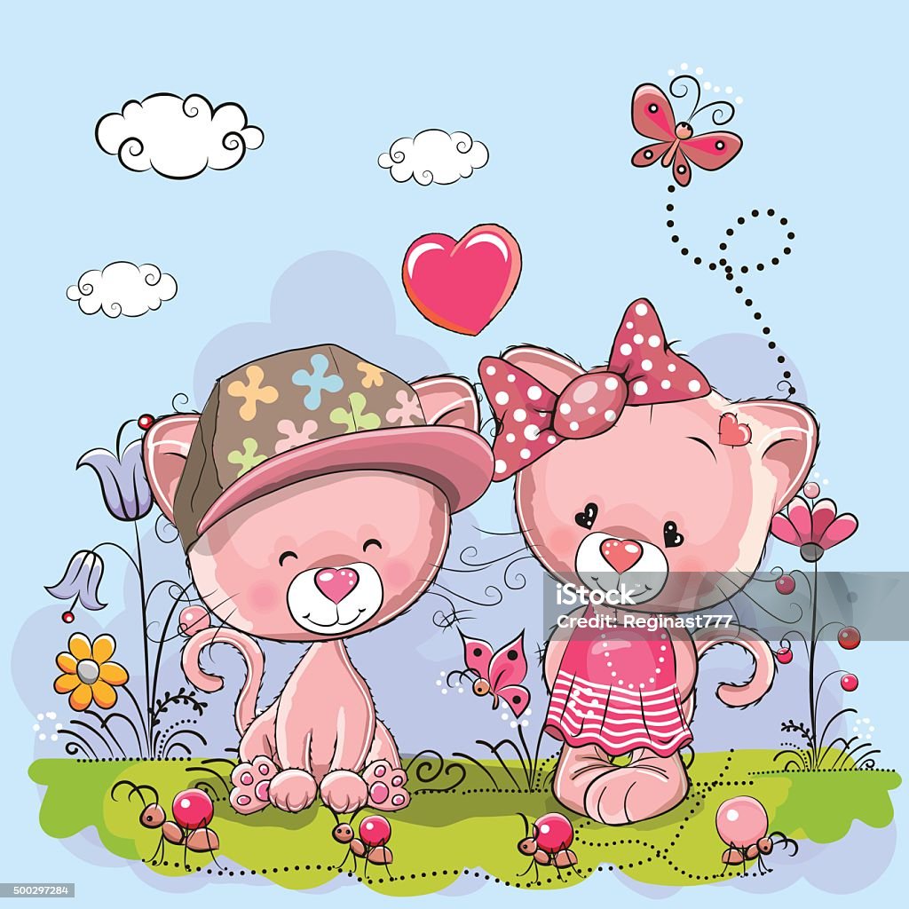 Cute Lovers Kittens Valentine card with Lovers Kittens on the meadow Domestic Cat stock vector