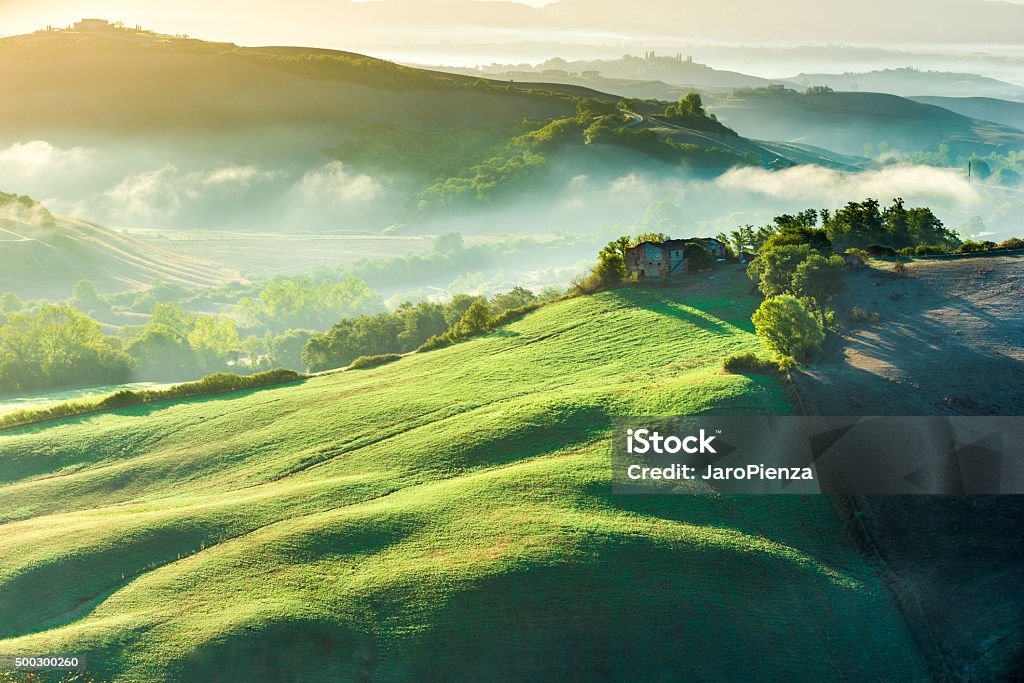 Amazing mist on fields in Tuscan rays of sunrise, Italy 2015 Stock Photo