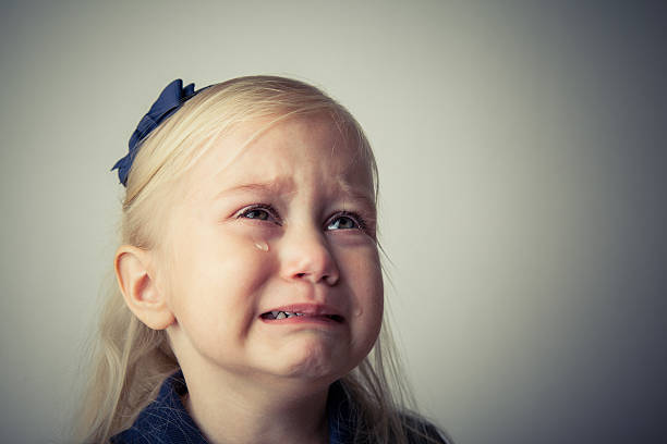 Sad crying Caucasian little girl. Close up portrait of crying beautiful little girl with outdoors background. A embarrassed unhappy little kid sitting alone shy and crying.