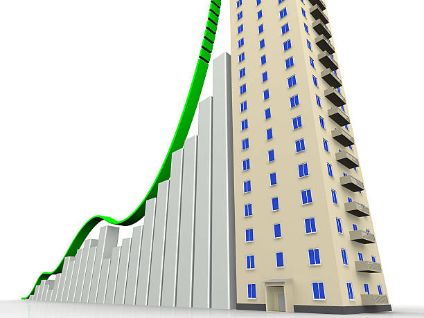 o gráfico de crescimento e a multi andares casa residencial - apartment moving up tall growth - fotografias e filmes do acervo