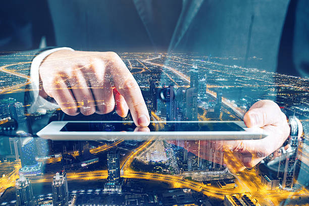 istock Multiple exposure with business and night cityscape 500302486