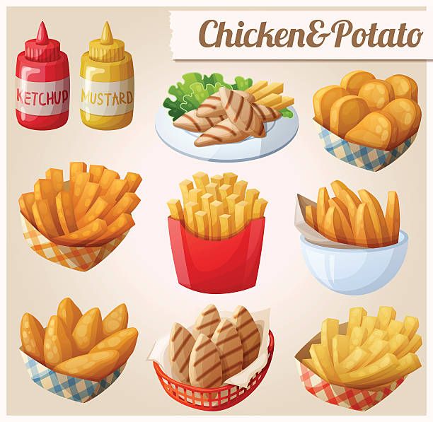 Chicken and potato. Set of cartoon vector food icons Chicken and potato. Set of cartoon vector food icons. Ketchup, mustard, grilled chicken strips, french fries, chicken fingers, sweet potato fries, nuggets savory food stock illustrations