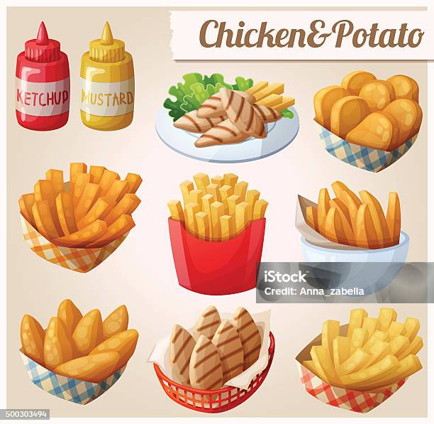 Chicken And Potato Set Of Cartoon Vector Food Icons Stock Illustration - Download Image Now