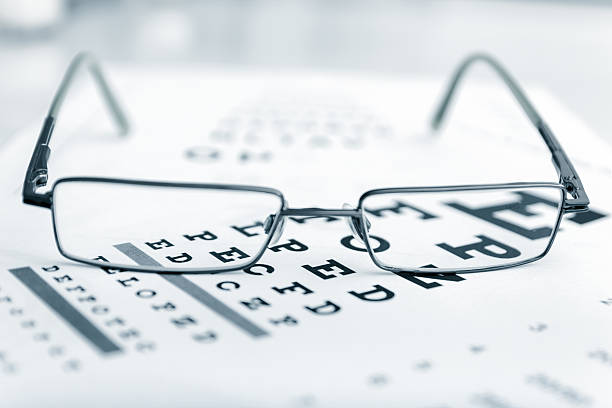 istock Clear Black modern glasses on a eye sight test chart 500304822