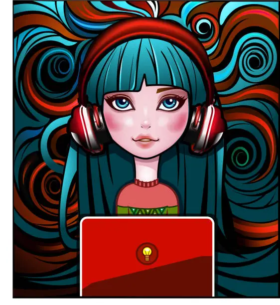 Vector illustration of Vintage Girl with laptop