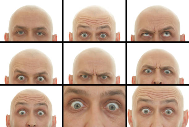 Expressions Nine different expressions of a bald man looking on white background confusion raised eyebrows human face men stock pictures, royalty-free photos & images