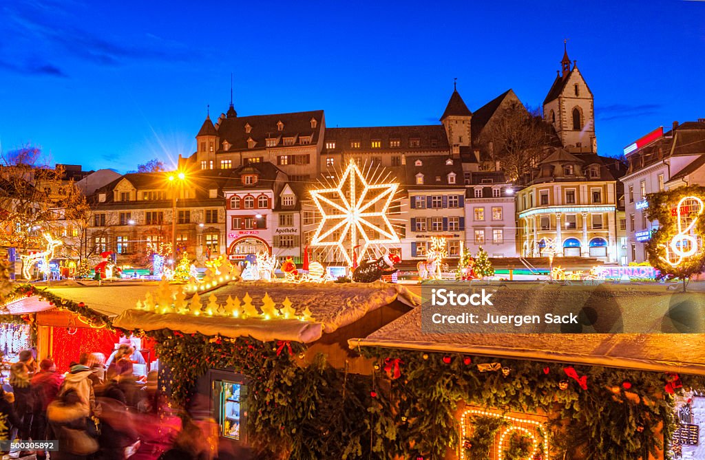 Christmas in Basel View over the christmas market at the Barfüssplatz in Basel, Switzerland, at dusk. Basel - Switzerland Stock Photo