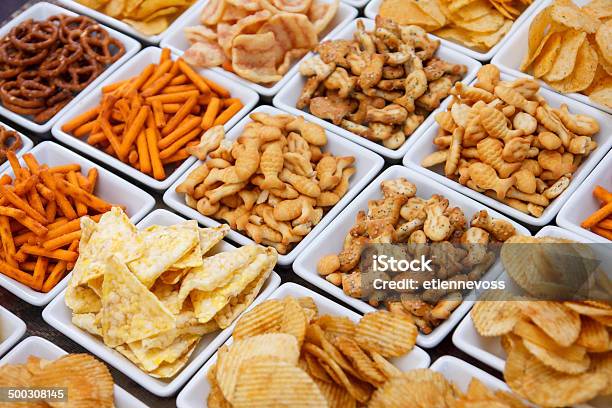 Many Types Of Savoury Snack In White Dishes Stock Photo - Download Image Now - Snack, Variation, Potato Chip