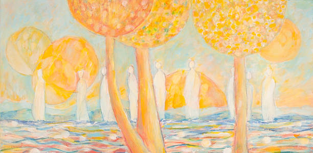 Family Constellations Acrylic symboli imaginary painting of trees in the foregraound, sea and human figures in the middle and planets in the background. water balls for plants pictures stock illustrations