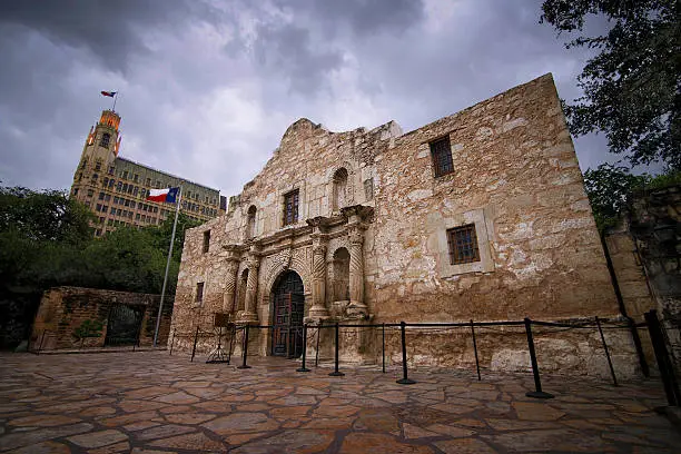 The Alamo on a cloudy day in San Antonio, Texas