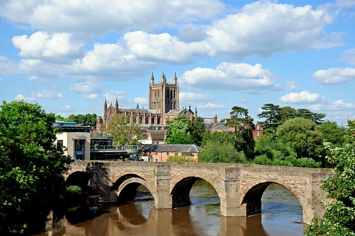 View of the Cathedral, the Wye Bridge and the River Wye, Hereford, Herefordshire, England, UK, Western Europe.