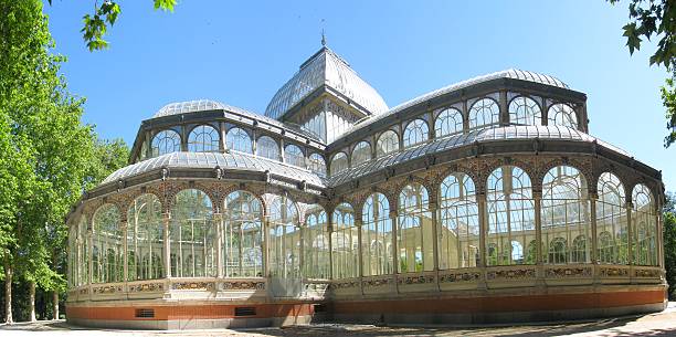 Madrid architecture panorama Panorama of Crystal palace in Retiro Park of Madrid, Spain. palacio de cristal photos stock pictures, royalty-free photos & images