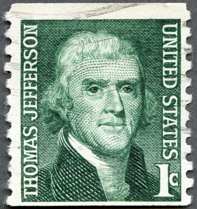 Postage stamp USA 1965 printed in USA shows President Thomas Jefferson (1801-1809), series Prominent Americans Issue, circa 1965