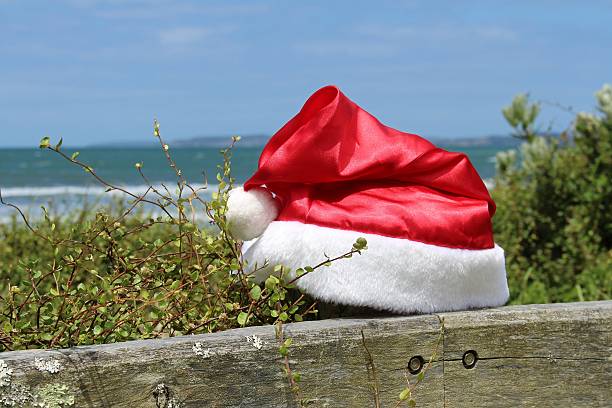istock Santa hat on a fence at the beach 500325862