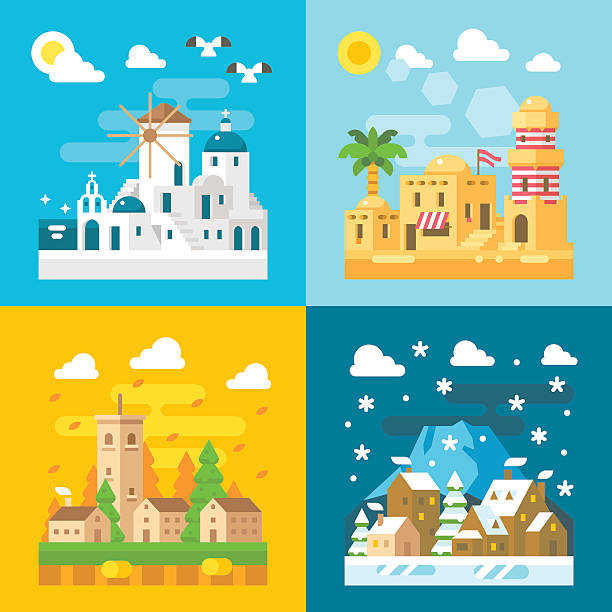 ilustraciones, imágenes clip art, dibujos animados e iconos de stock de diseño plano de viaje conjunto seasons - greece greek islands town village