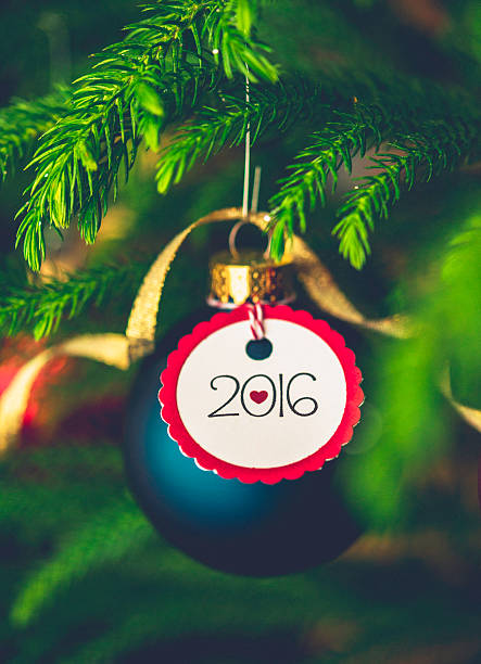 istock Christmas bauble with New Year message on Christmas tree branches 500328604