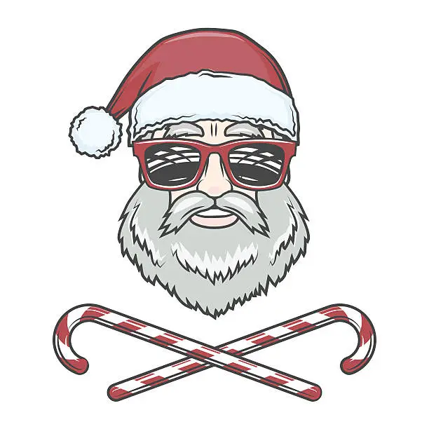Vector illustration of Santa Claus biker with hipster glasses print design. Vintage disco