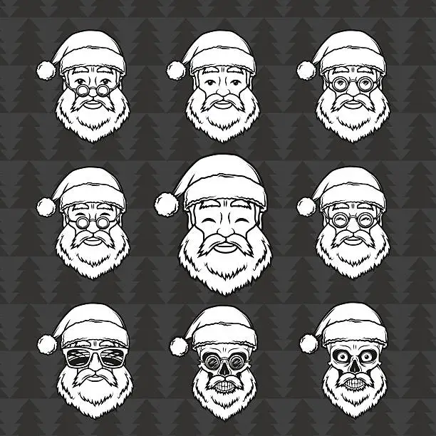 Vector illustration of Set of smiling Santa Claus face with round glasses. Happy