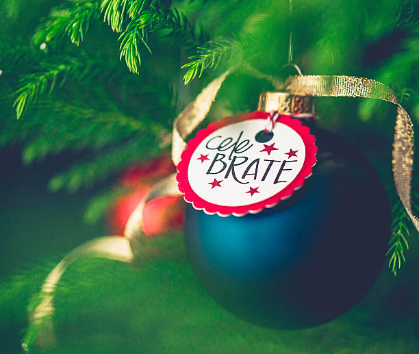 istock Christmas bauble with Celebrate message on Christmas tree branches 500328992