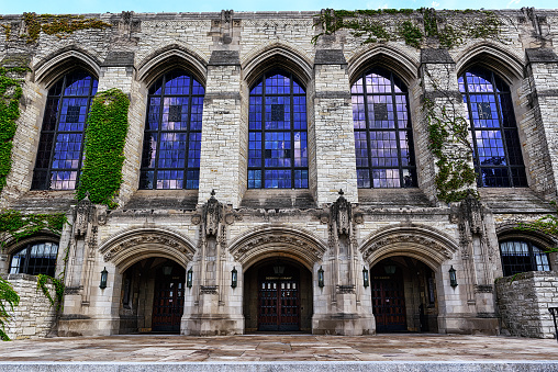 Evanston, IL, USA - August 31, 2014: Charles Deering Library facade and entrance, Northwestern University in Evanston, Illinois. Built 1931 - 1933. No people.