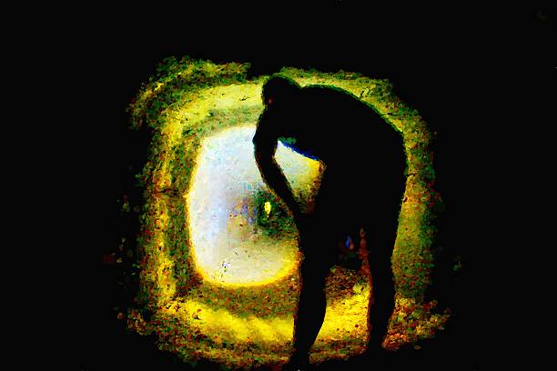 istock Watercolor paint effect. Man silhouette in cave or water channel 500332118