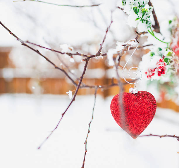 istock Heart shaped Christmas decoration hanging on snow covered tree 500332380