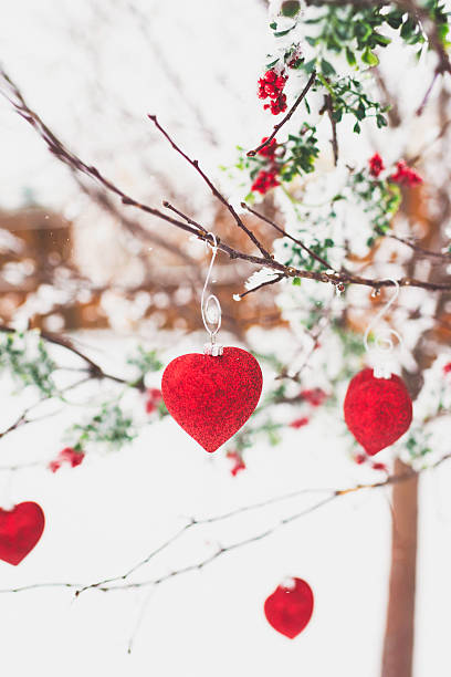 istock Heart shaped Christmas decorations hanging on snow covered tree 500332450