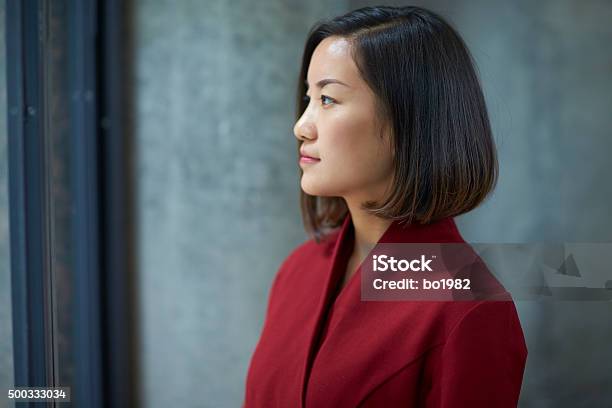 Profile Of One Young Asian Businesswoman Indoor Stock Photo - Download Image Now - Side View, Portrait, Profile View