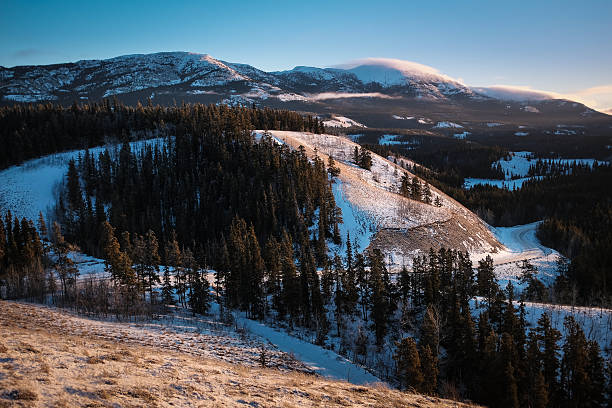 Gore Range Winter View Dramatic Sunset Light - Scenic view with snowcapped mountains with alpenglow at sunset. Rugged peaks near Vail, Colorado USA.