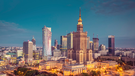 Warsaw downtown sunrise aerial view, Poland