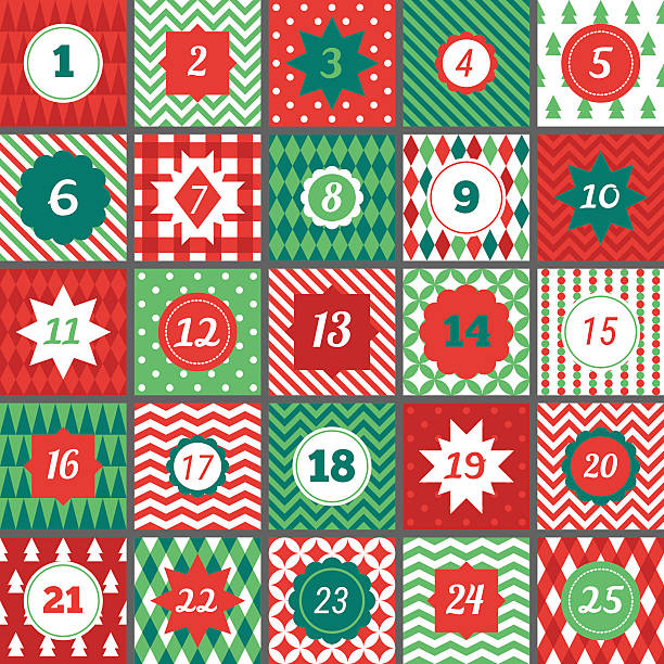 Christmas advent calendar with Chevron, Polka dot, Gingham, Argyle, Harlequin Chevron, Polka dot, Gingham, Argyle, Harlequin, Fir Trees, Triangles, Diagonal Stripes, Diamonds, Plaid holiday calendars stock illustrations