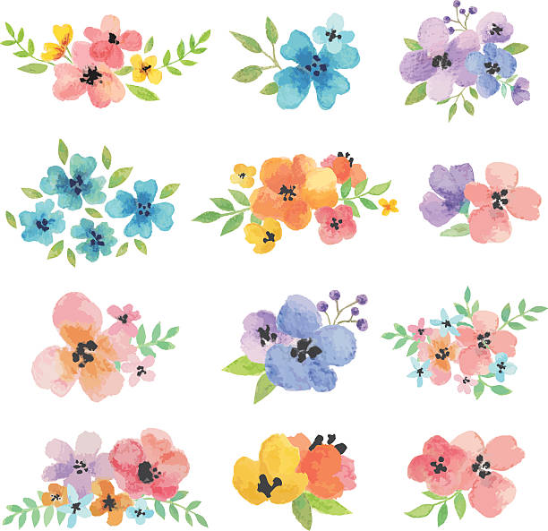 ilustraciones, imágenes clip art, dibujos animados e iconos de stock de vector flores acuarela - watercolor painting illustrations