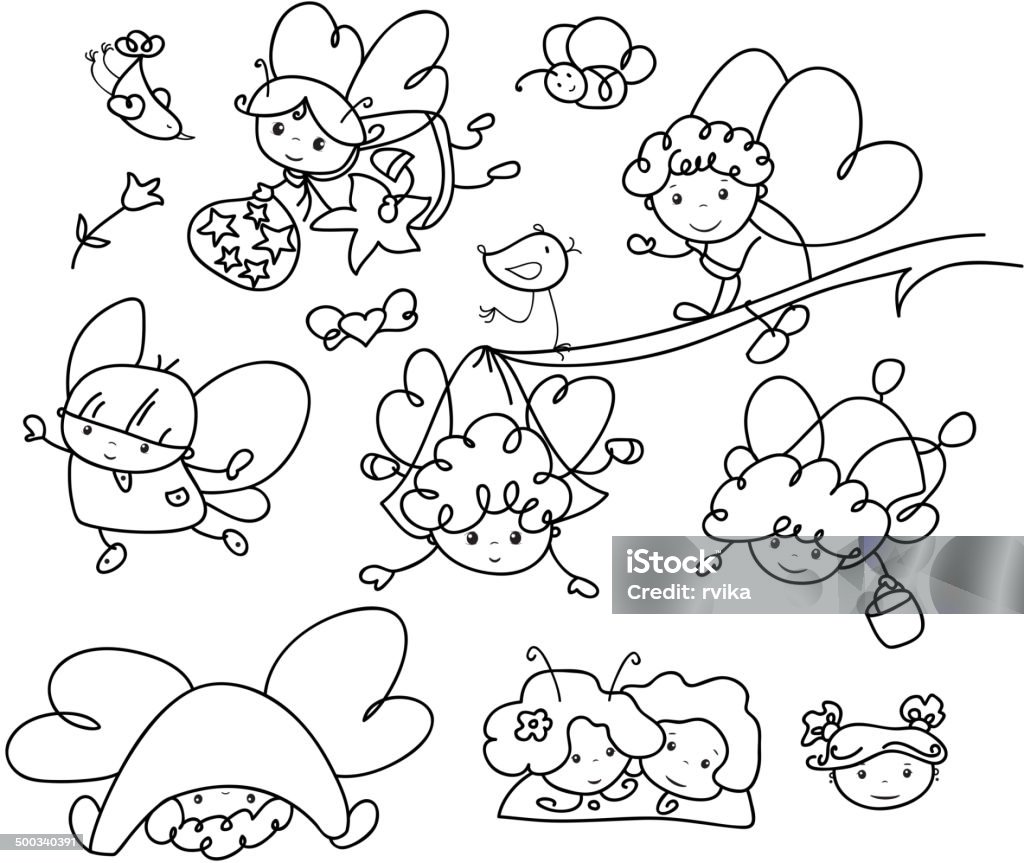 Vector Set Of Cute Angels Cartoons Silhouettes Stock Illustration ...