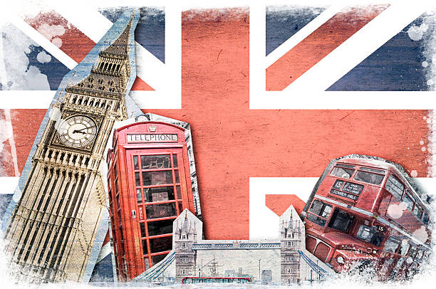 monumenti di londra, vintage collage union jack - telephone booth telephone london england red foto e immagini stock