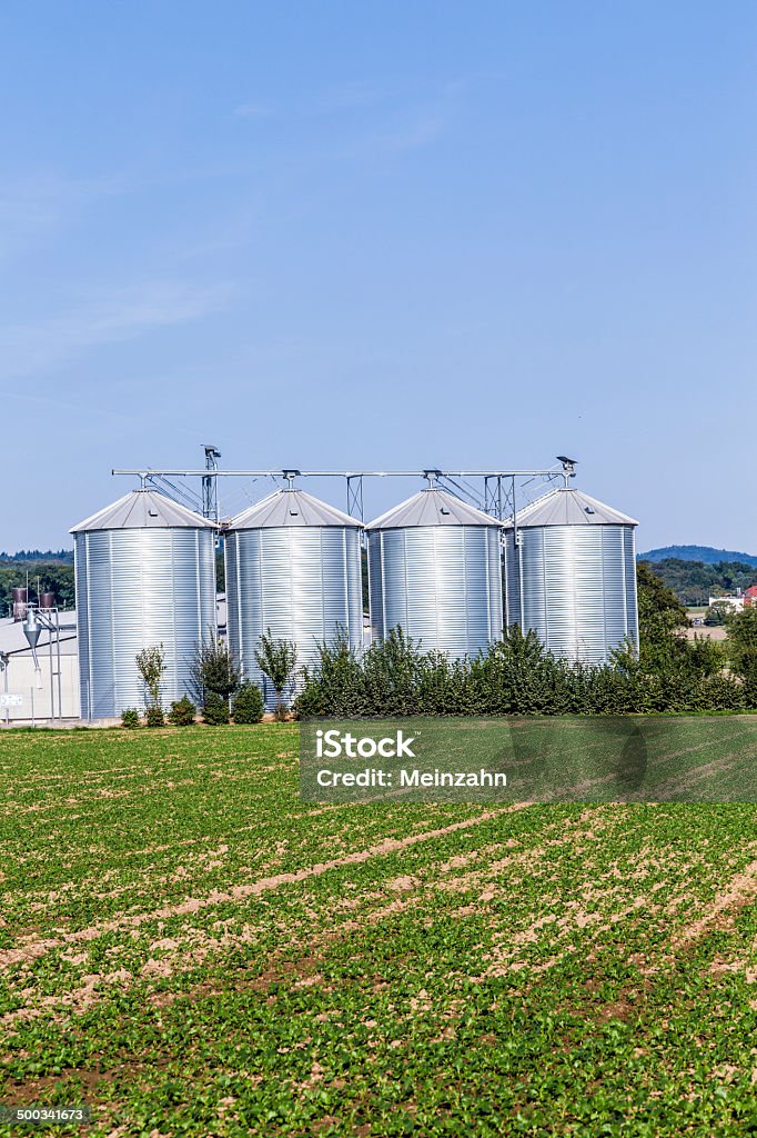 Четыре серебряный silos в полевых условиях - Стоковые фото Архитектура роялти-фри