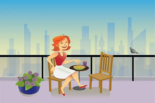 Vector illustration of Lady Sitting on Balcony Overlooking the City