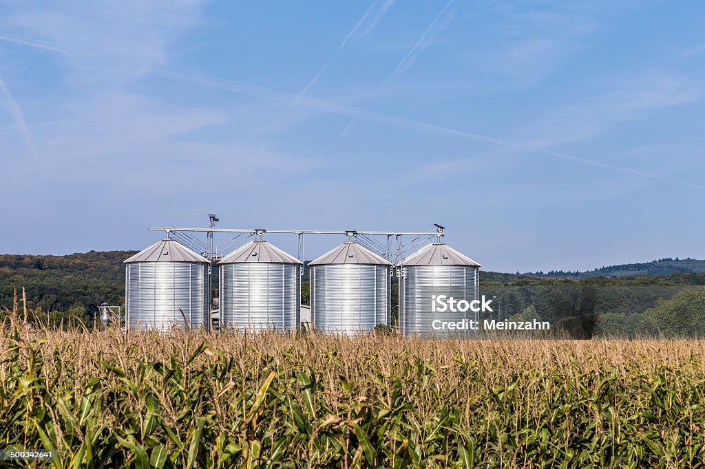 Четыре серебряный silos в полевых условиях - Стоковые фото Архитектура роялти-фри