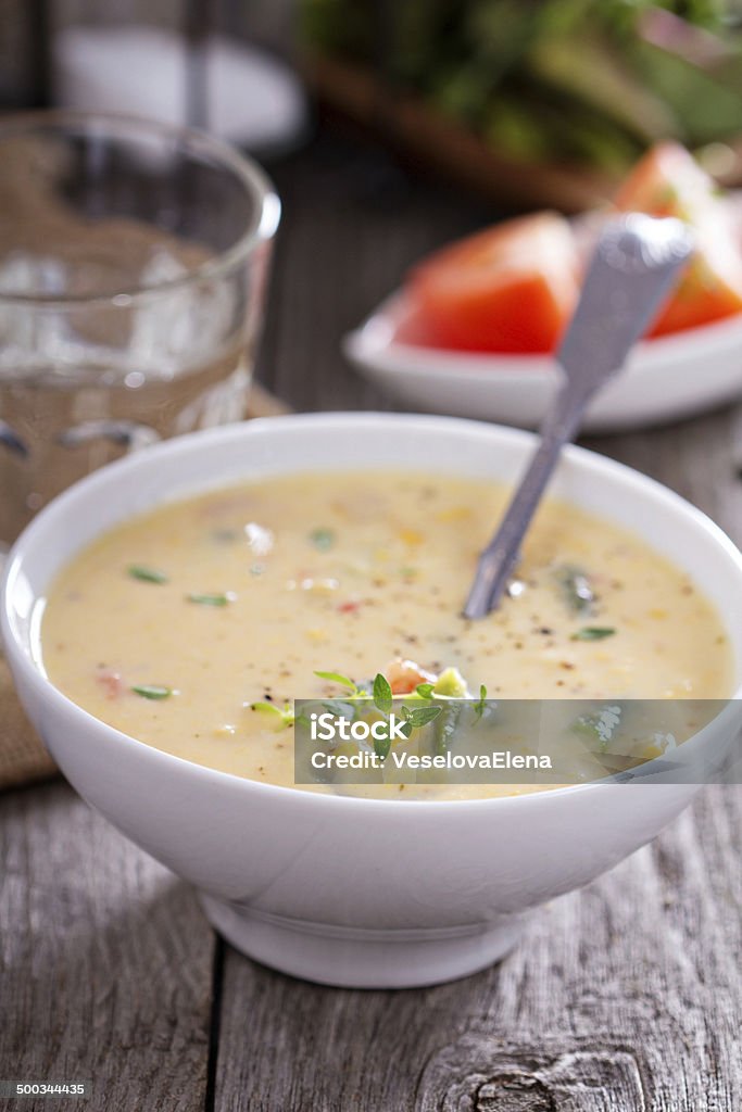 Vegetables and corn chowder Vegetables and corn chowder in a bowl Appetizer Stock Photo