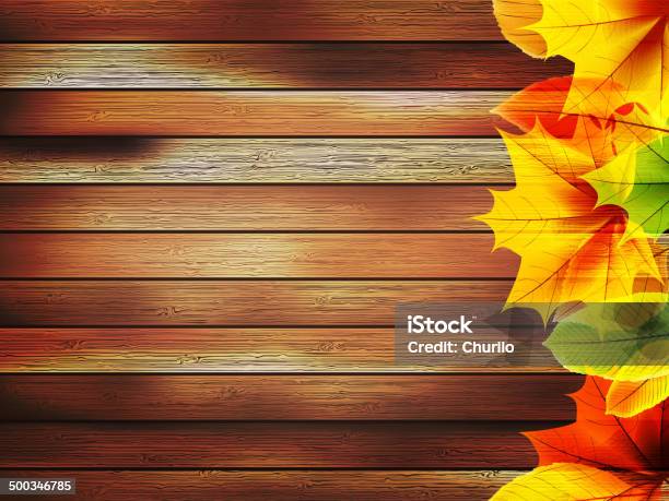 Vetores de Folhas De Outono No Old Wooden Além De Eps10 e mais imagens de Amarelo - Amarelo, Danificado, Desarrumado